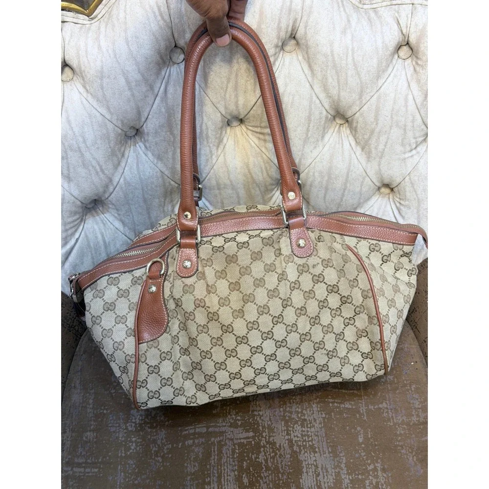 Gucci GG Monogram Canvas Sukey Boston Bag Beige Brown Leather 223974 48754